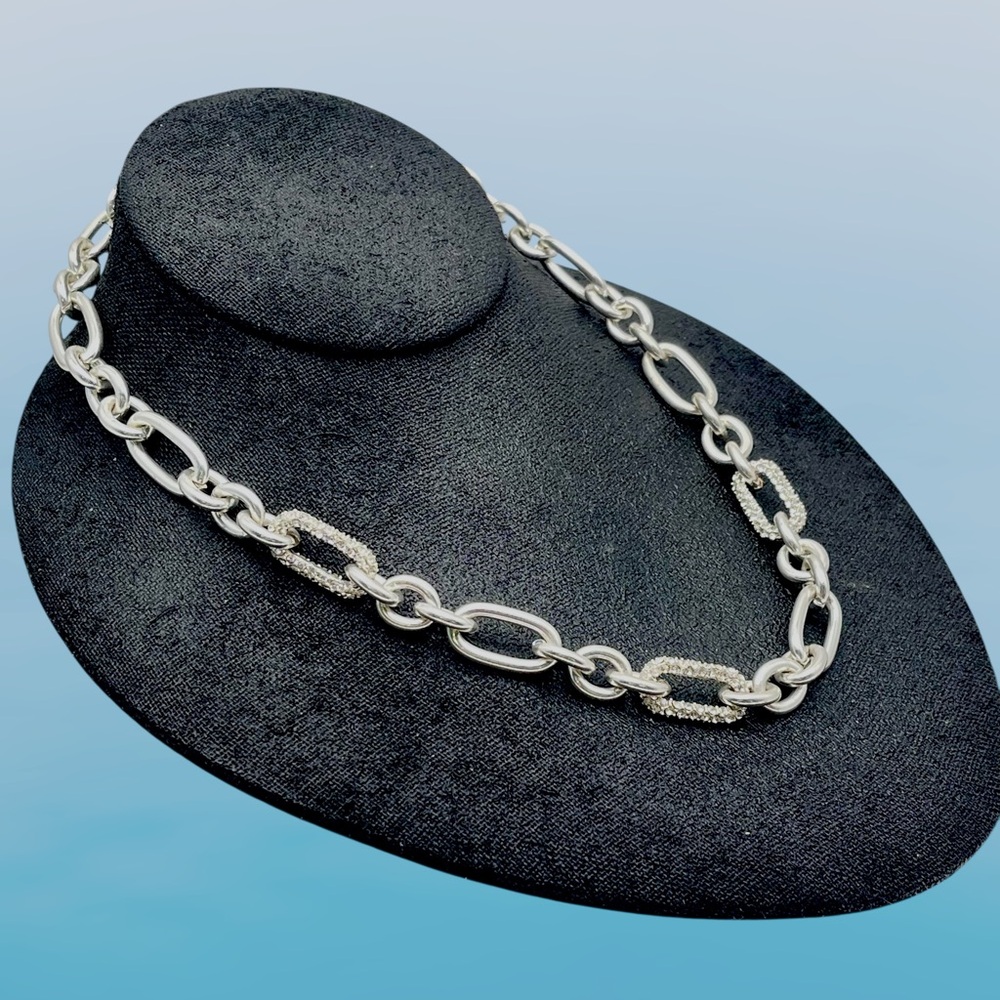 Fashionable Signed Anne Klein Silver Plated and Pave Rhinestone Link Necklace